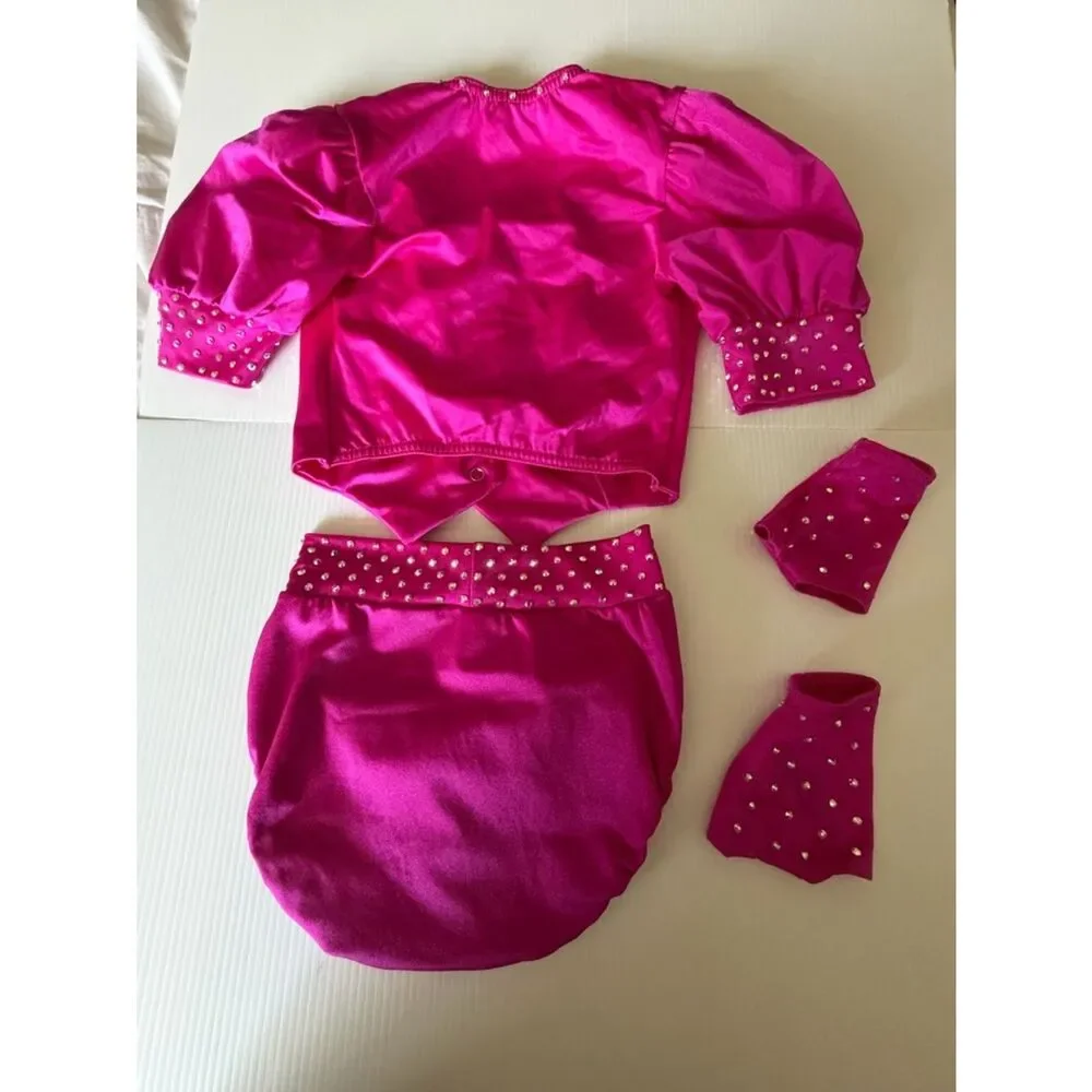 Kelle dance costume 2 piece hot pink vest briefs rhinestoned MC-Medium child